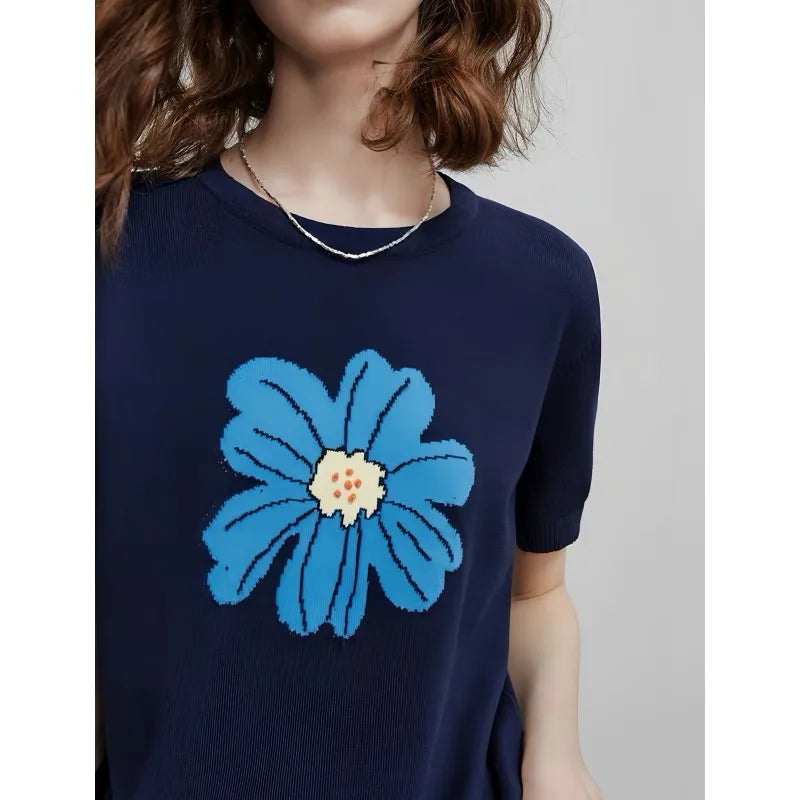 Stylish large-flower jacquard round-neck knitted short-sleeved women's loose ice silk T-shirt and thin top