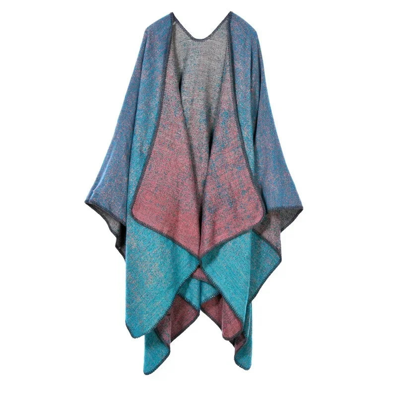 Patterned Fringed Open Front Poncho for Layering over Outfits