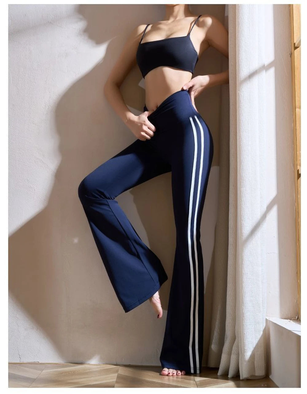 Women's High Waist Polyester Flared Workout Pants with Contrast Side Stripes