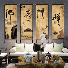 Chinese Style Buddhist Zen Wall Art Poster Ink Painting Landscape Canvas Painting Living Room Wood Scroll Wall Hanging Decor