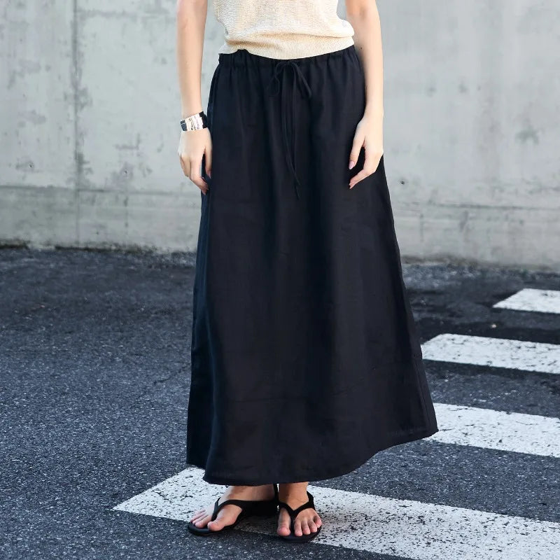 Women's Linen High-Waist Loose Straight Ankle-Length Skirt with Patchwork Detail for Summer