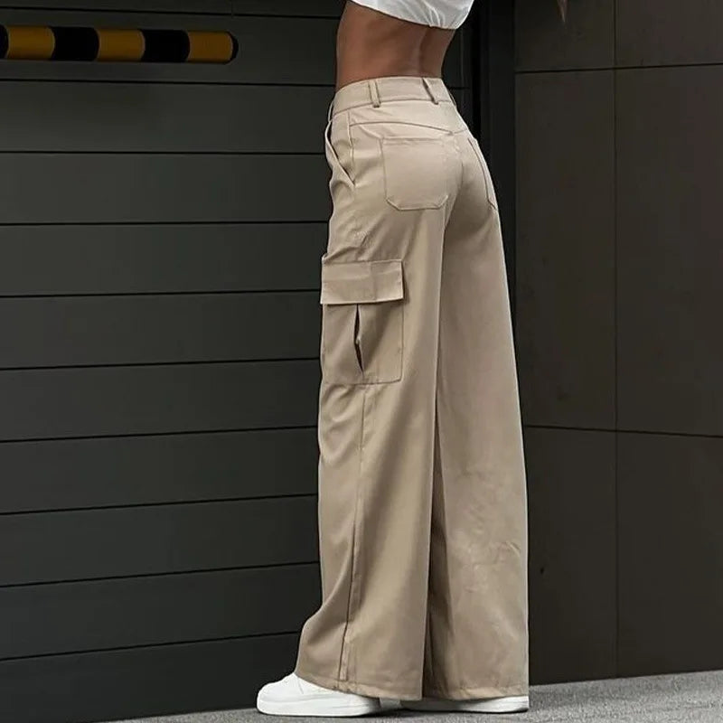Women's Wide Leg Cargo Pants with Flap Pockets and Waistband