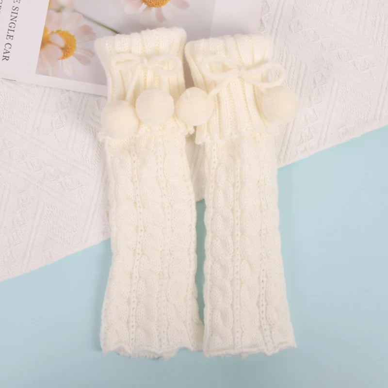 Cable Knit Leg Warmers with Decorative Bow and Pom Details