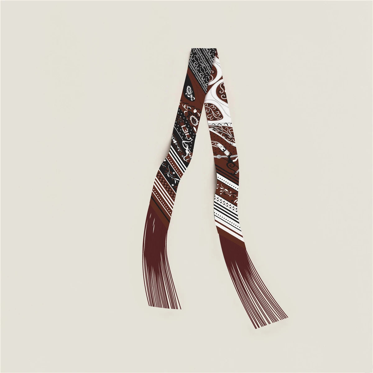 Printed Narrow Ribbon Scarf with Decorative Fringed Ends