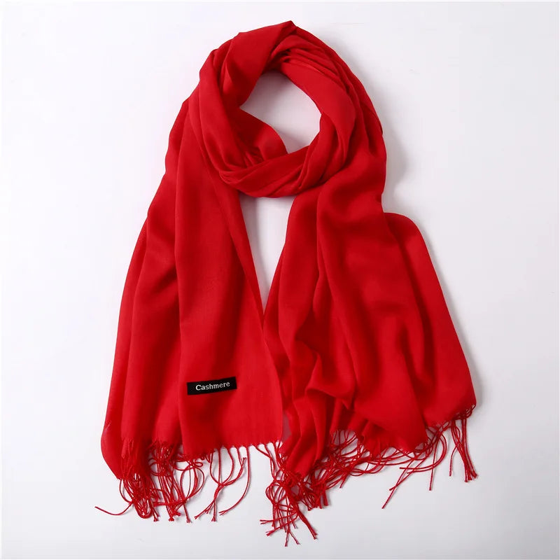 Solid Long Rectangular Scarf with Fringed End Trim