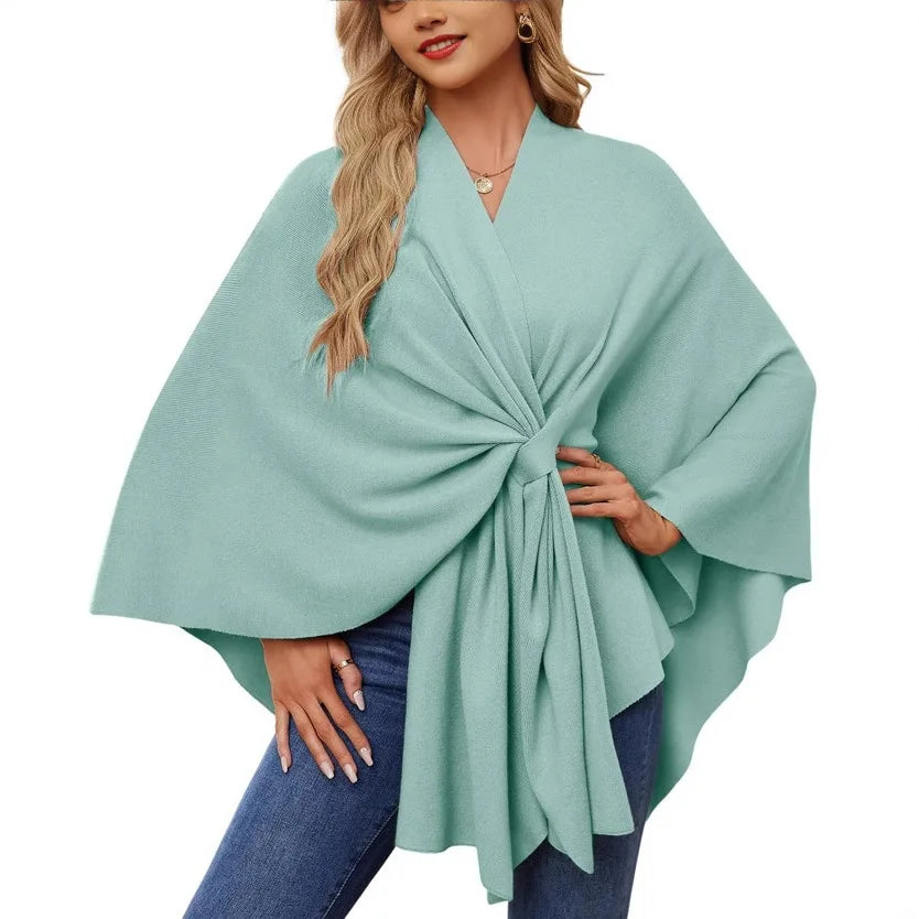 Ribbed Open Front Drape Poncho for Layering over Outfits