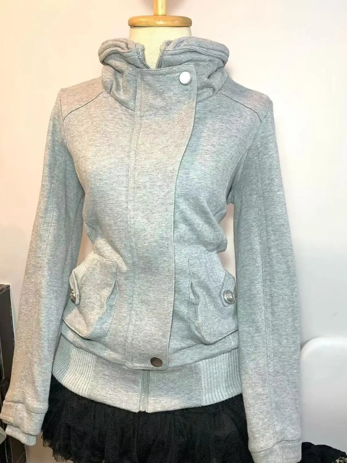 Stand Collar Asymmetric Full Zip Long Sleeve Fitted Jacket