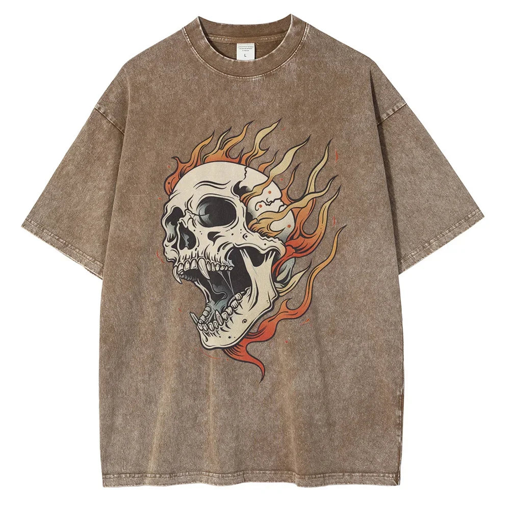 Men's Flame Skull Printed T-shirt Thick Cotton Washed T-shirt,Large Retro Top