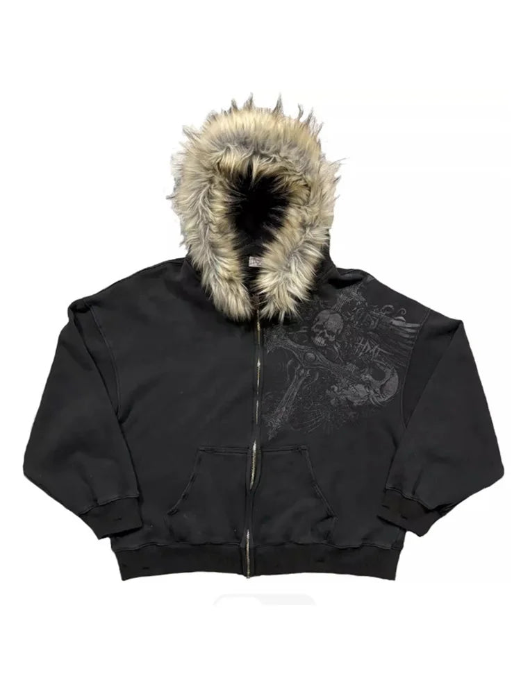 Fluffy Trim Long Sleeve Full Zip Casual Hoodie