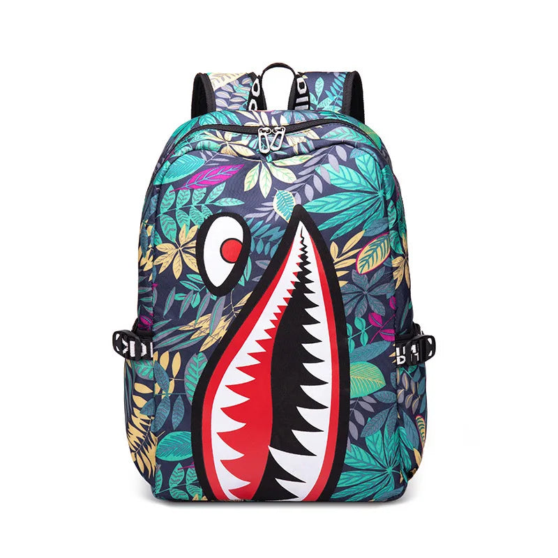 Children's Shark Print School Backpack with Zipper Opening and Front Pocket