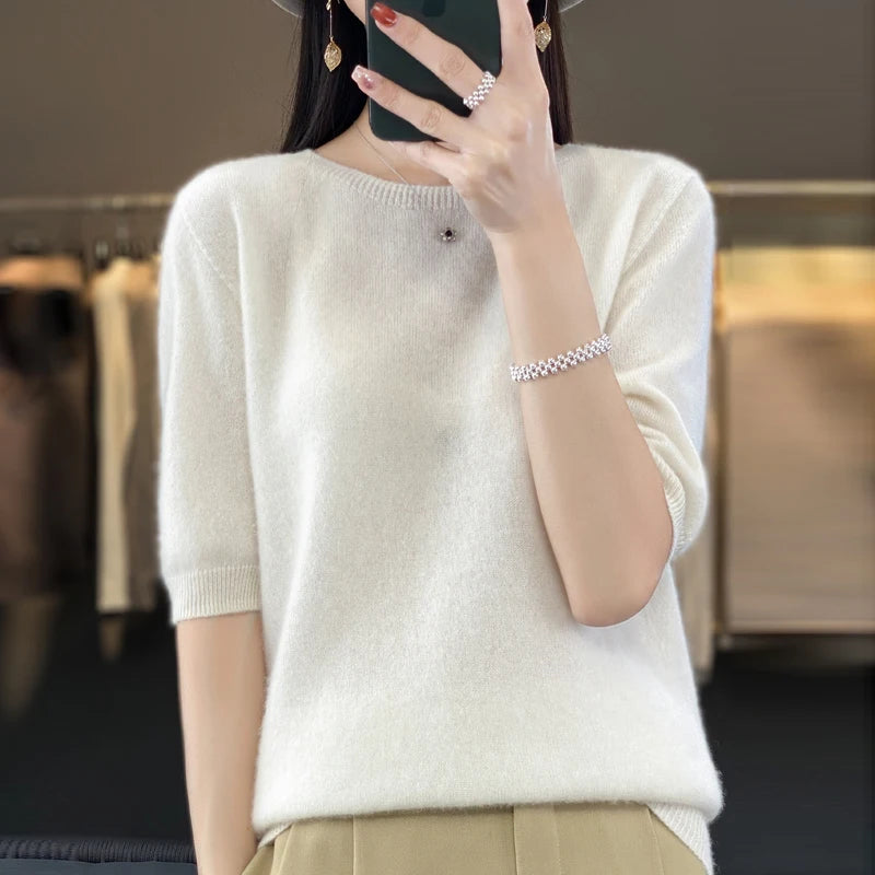 Women's Crew Neck Short Sleeve Sweater Casual Knit Layer