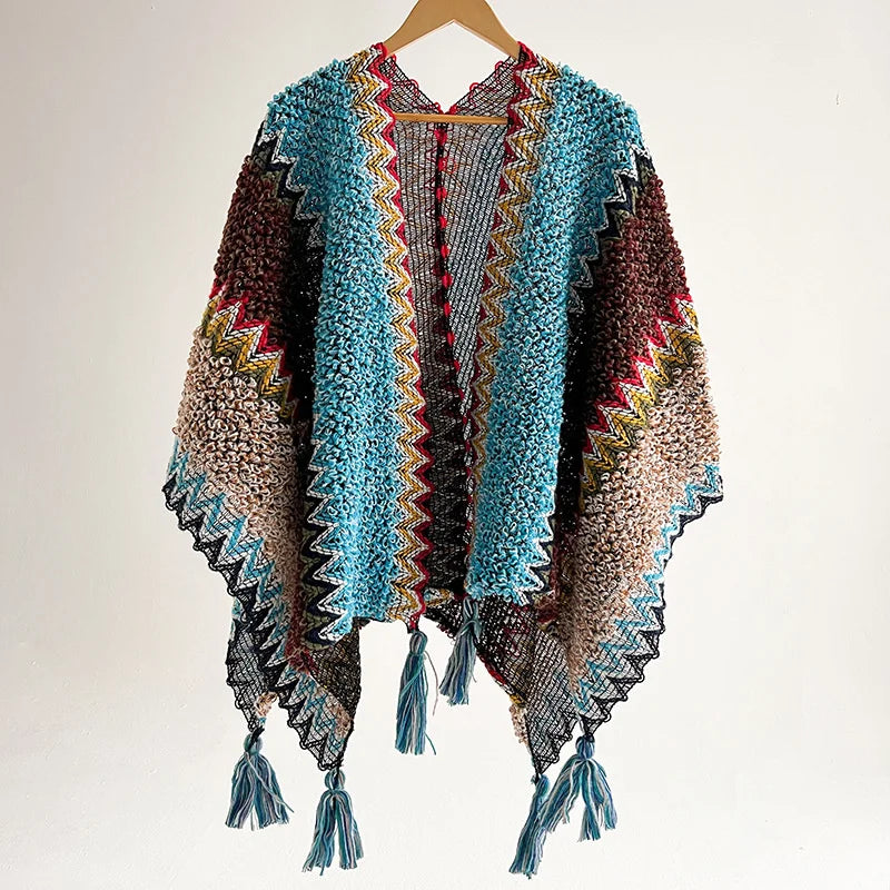 Zigzag Knit Tassel Poncho for Layering over Outfits