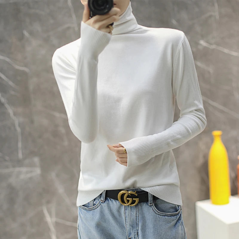 Women's Fitted Roll Neck Long Sleeve Sweater Casual Knit Layer