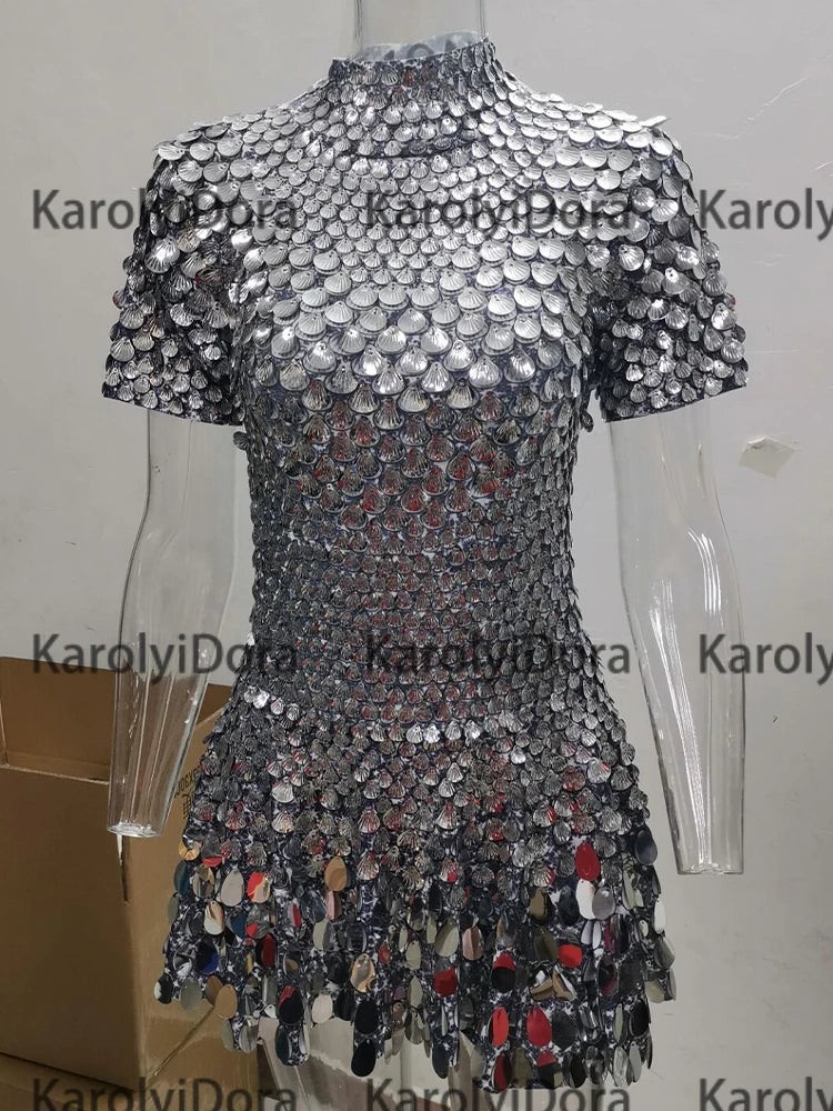 Women's Disc Sequin Mini Dance Dress with Short Sleeves and High Neck