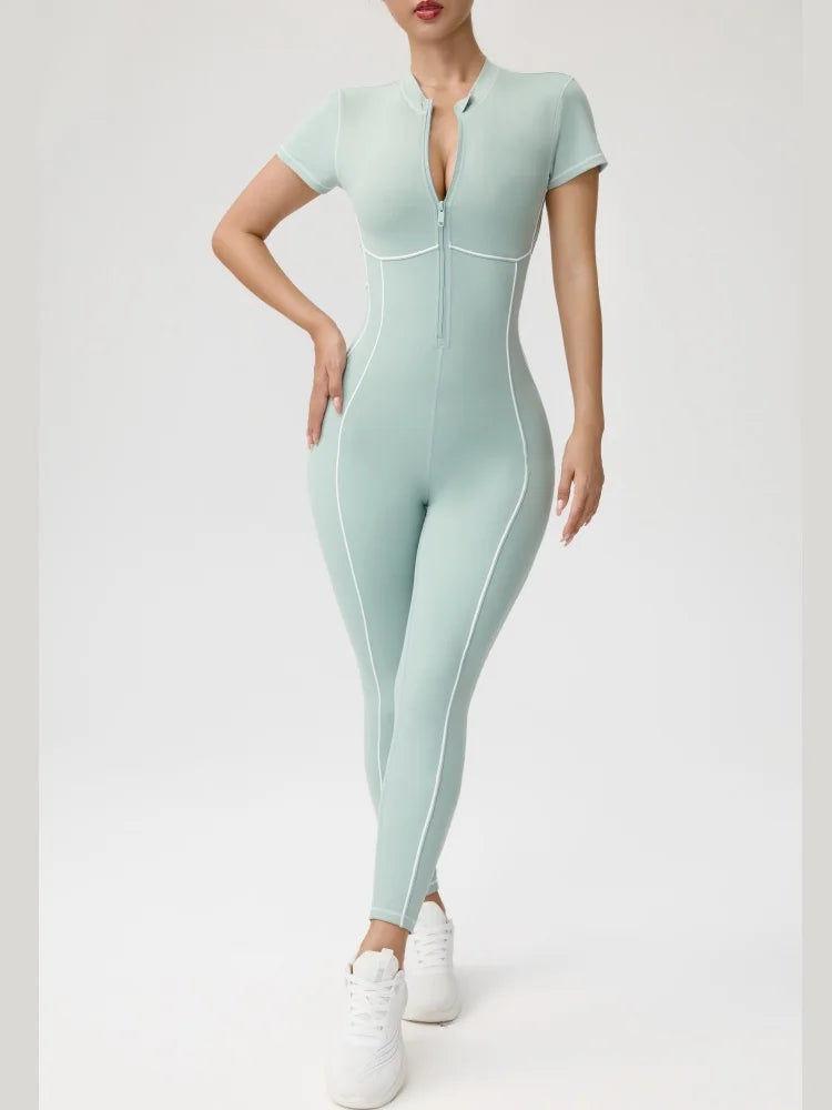 Women's Short Sleeve Nylon Blend Workout Jumpsuit with Back Cutout