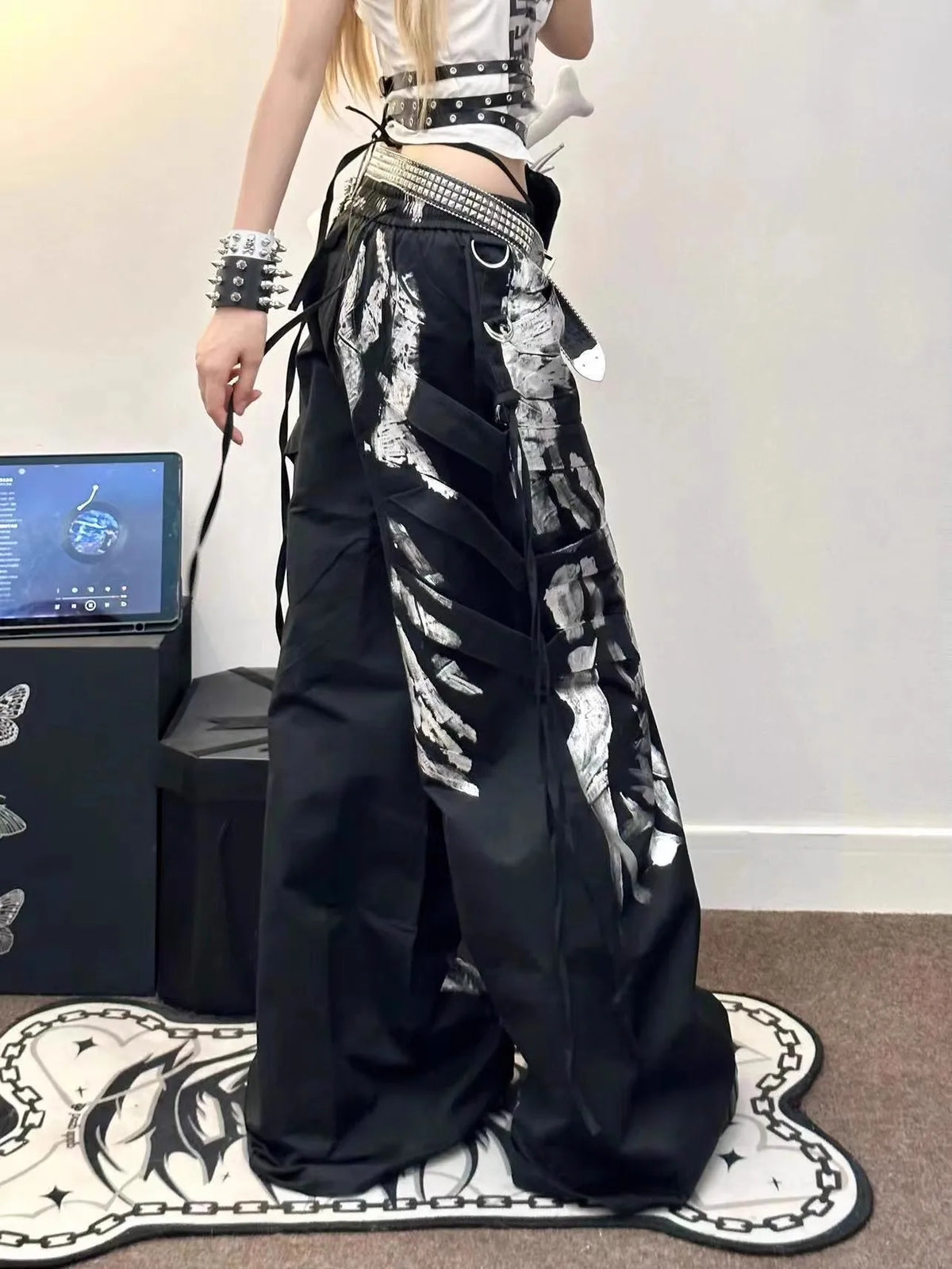 Women's Black Wide Leg Cargo Pants with Silver Painted Pattern