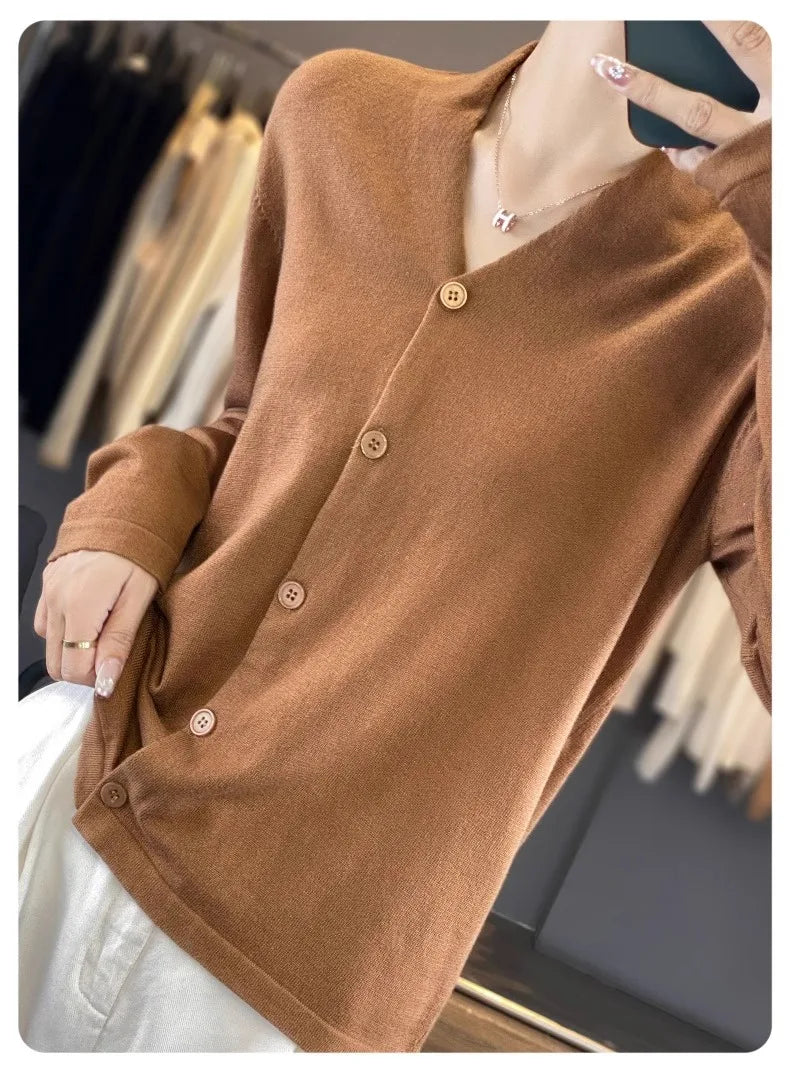 Light luxury retro style! V-neck pure cashmere knit cardigan women's autumn and winter loose wool top bottom sweater coat
