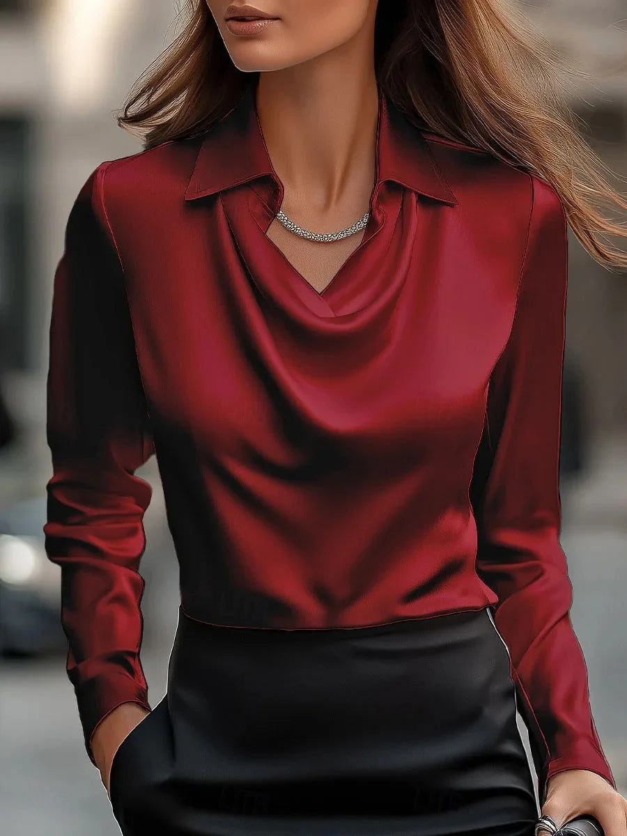 Women's Satin Look Cowl Neck Long Sleeve Blouse