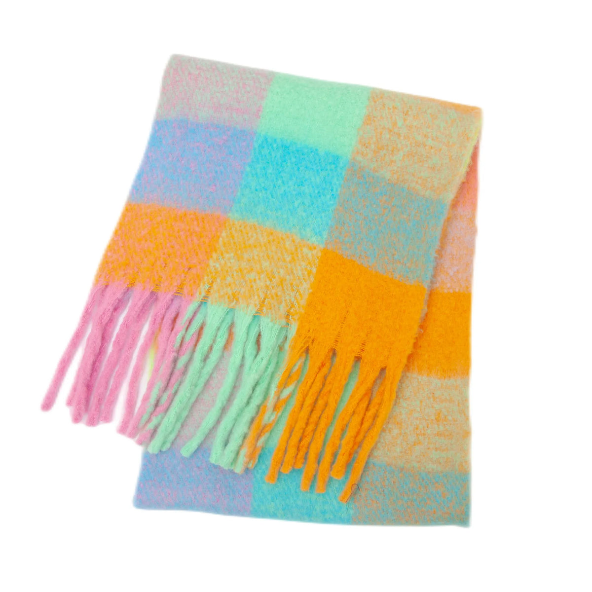Multicolor Plaid Scarf with Long Shape and Fringed Ends