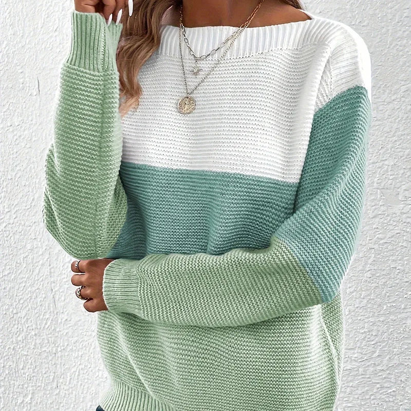 Women's Color Block Crew Neck Sweater Casual Knit Layer