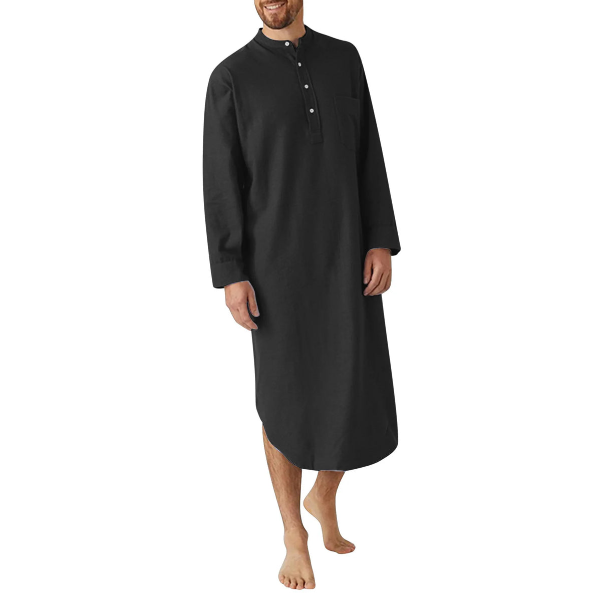 Men's Solid Stand Collar Long Sleeve Button Front Sleep Nightdress