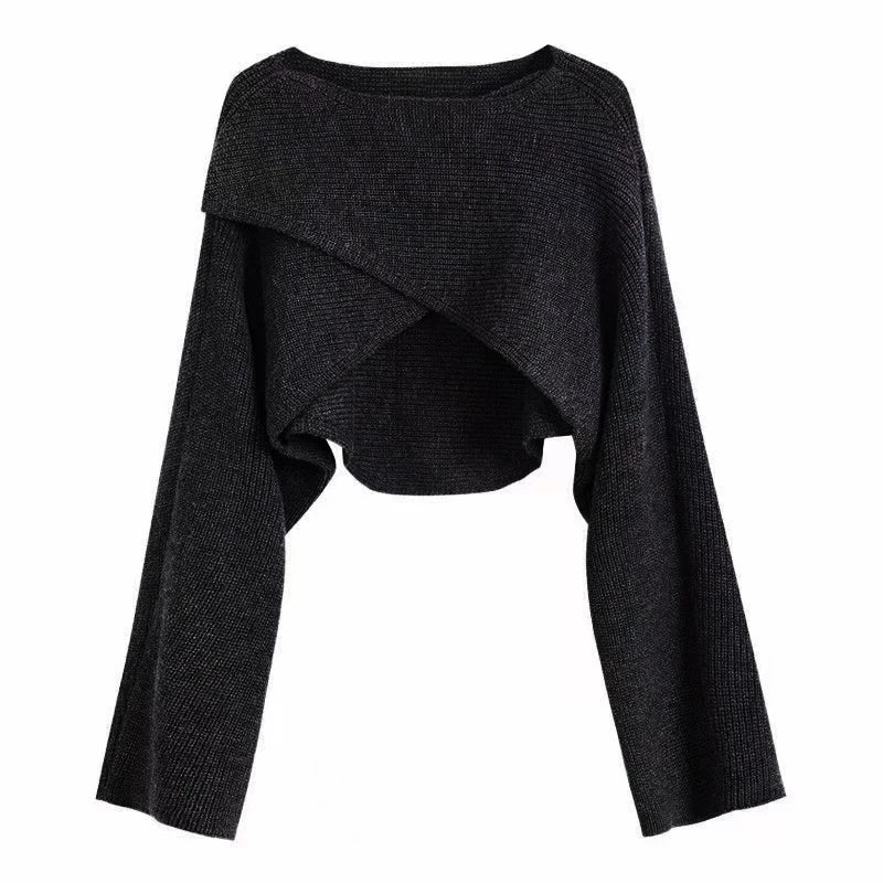 Women's Acrylic Crisscross-Front Cropped Long-Sleeve Knit Pullover Sweater for Autumn Layered Outfits
