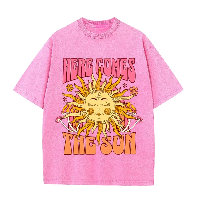 Vintage Black Here Comes The Sun T Shirt Retro Psychedelic Sun Acid Wash Tee