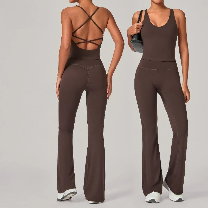 Women's Backless Tank And Flared Pants Yoga Set
