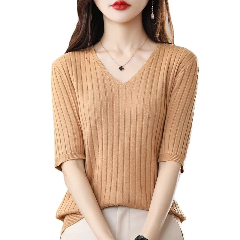 Women's V Neck Short Sleeve Sweater Casual Knit Layer