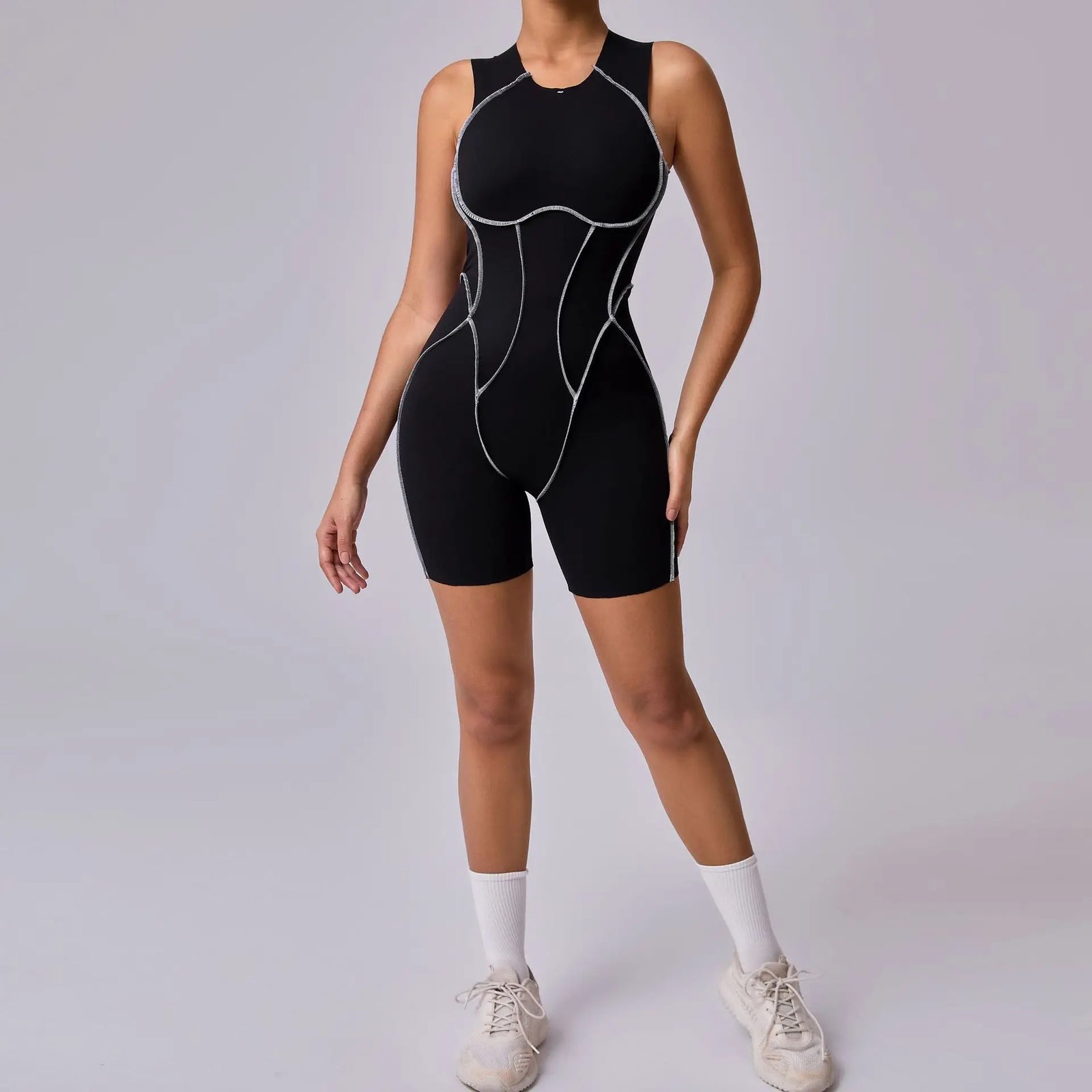 Women's High Neck Open Back Workout Romper with Contrast Seams