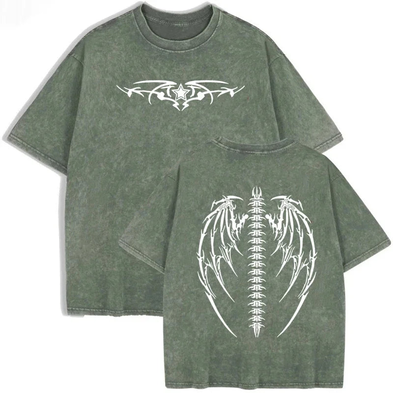 Gothic Tribal Wing Spine Print Vintage Washed Gray Y2K Casual Graphic T Shirt