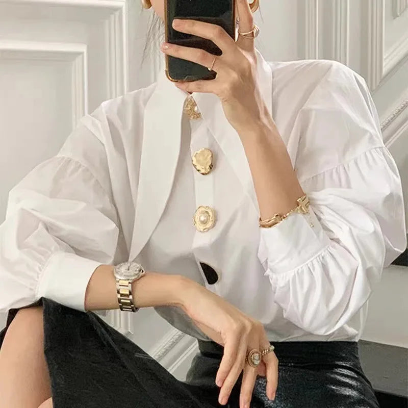 Women's Cropped Puff Sleeve Statement Button Blouse
