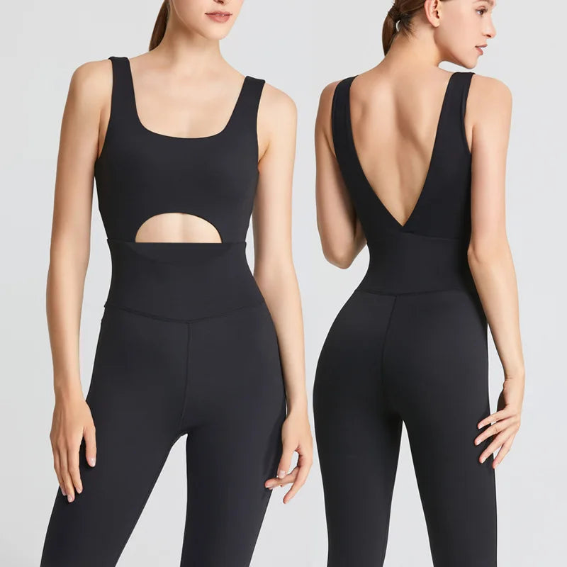 Women's Nylon Blend Workout Jumpsuit with Front Keyhole and Low V Back