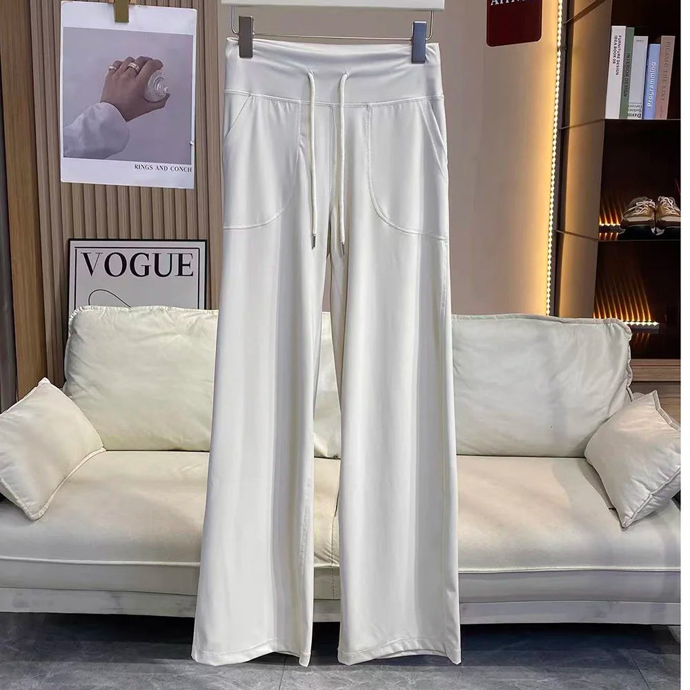 Women's Drawstring Waist Nylon Blend Wide Leg Pants with Side Pockets