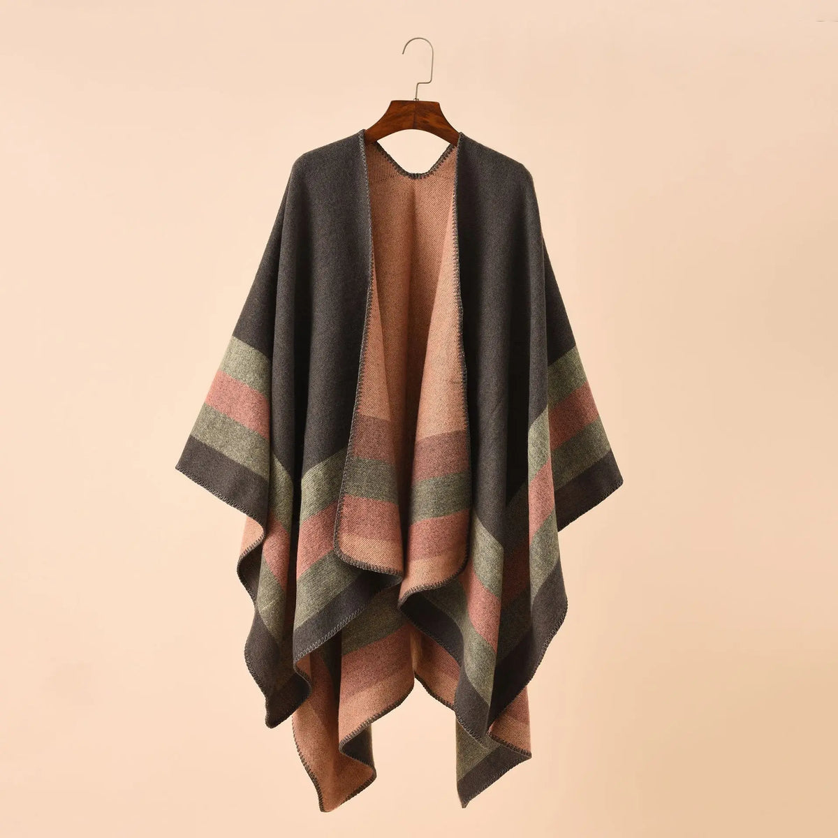 Block Stripe Open Front Poncho for Layering over Outfits