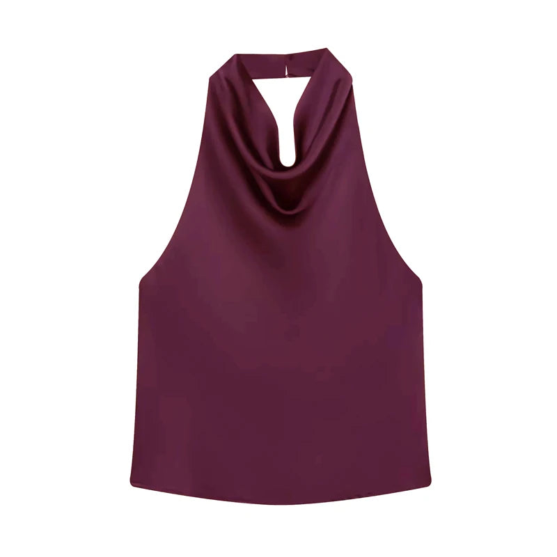 Women's Satin Polyester Halter Camisole with an Open Back and Draped Front