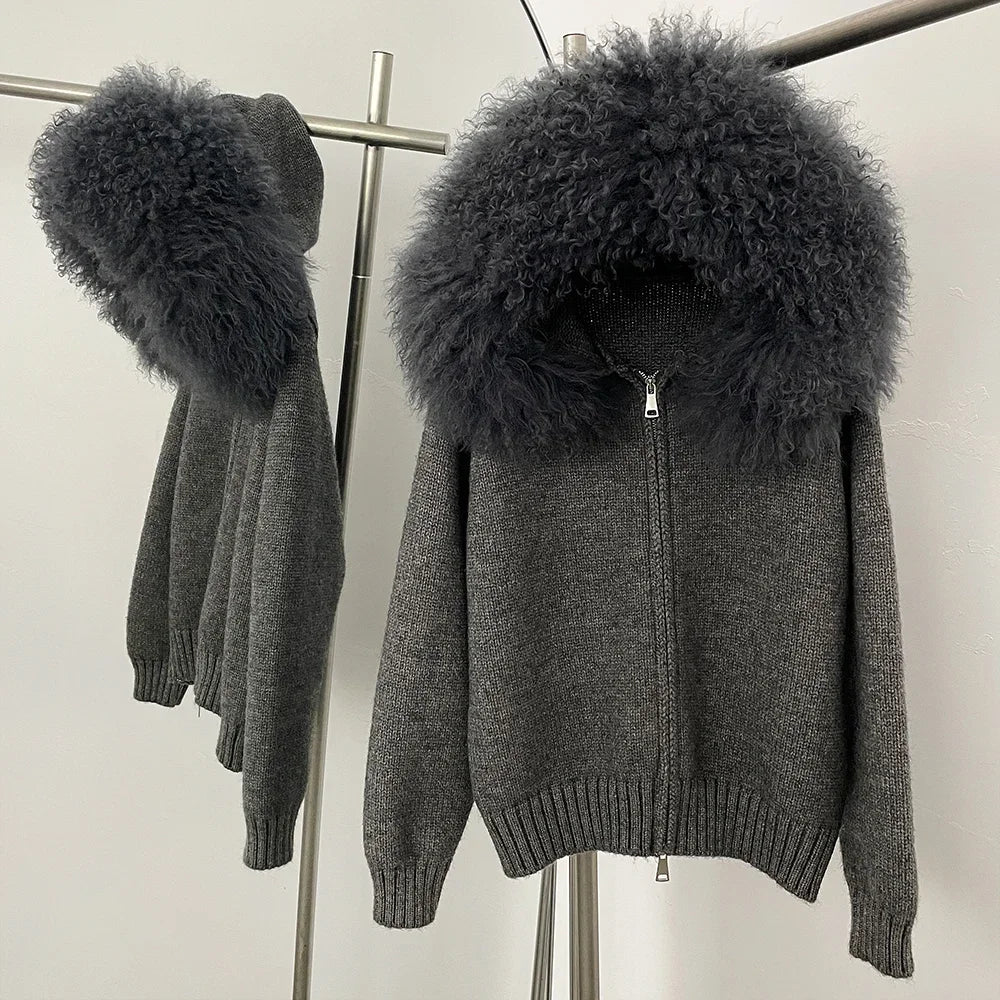 Women's Hooded Zip Front Fluffy Trim Jacket Casual Knit Layer
