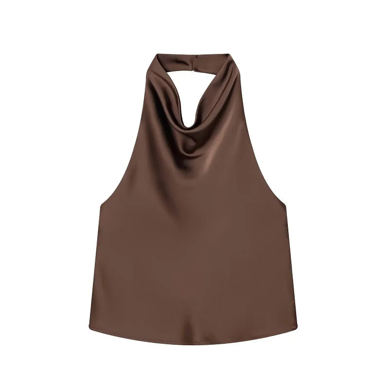 Women's Satin Polyester Halter Camisole with an Open Back and Draped Front