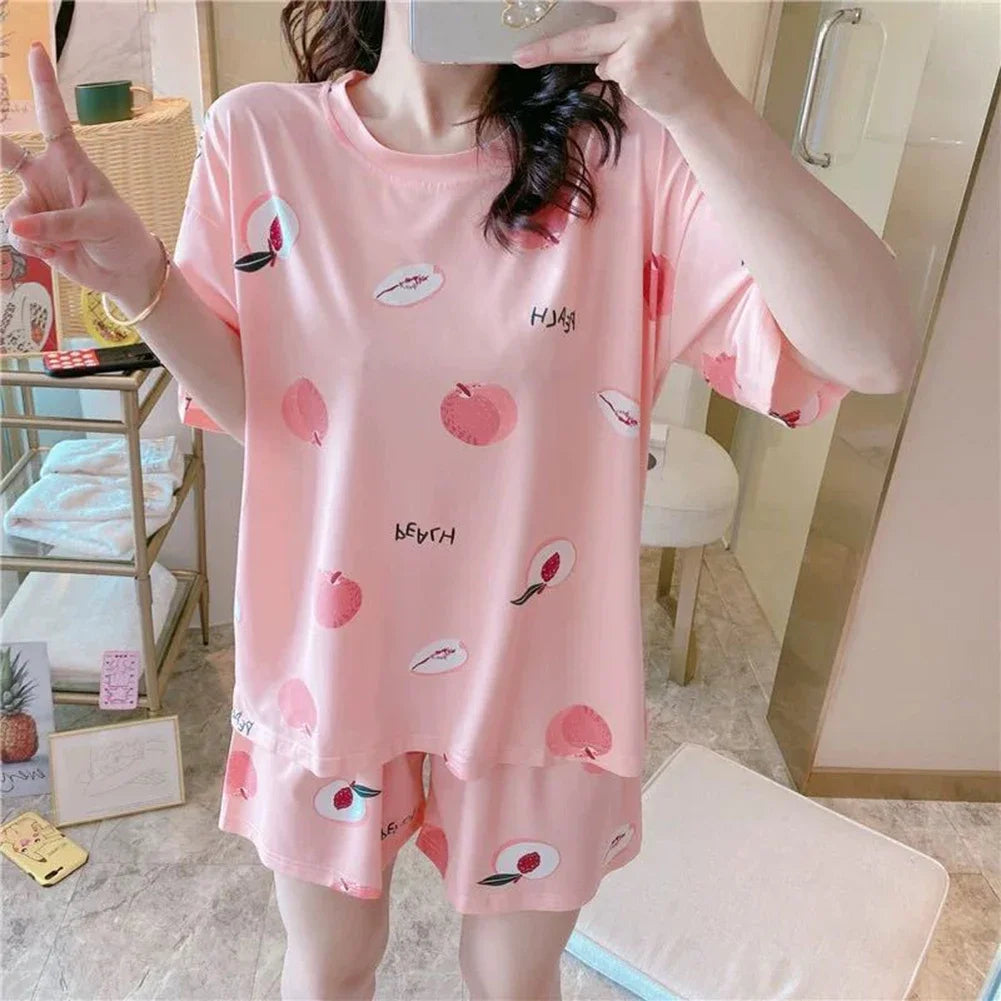 Women's Printed Short Sleeve Pajama Set with Top and Shorts