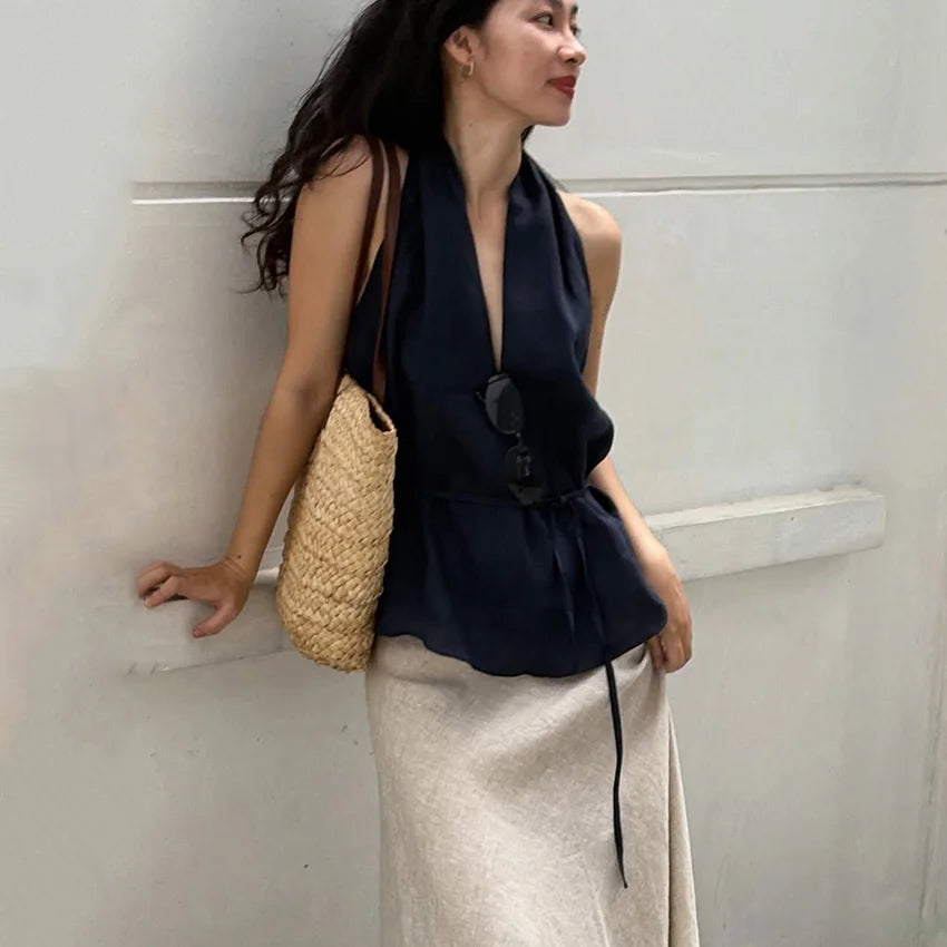 Women's Halter Tank Top with Draped Front and Ties at the Back