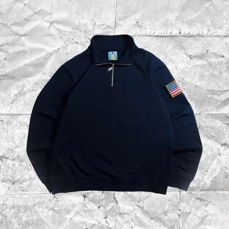 Cotton Flag-Embroidery Stand-Collar Quarter-Zip Sweatshirt