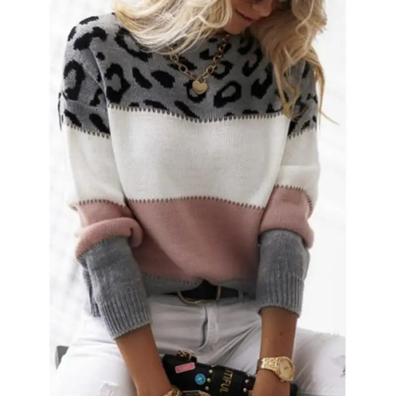 Women's Leopard-Print Crewneck Long-Sleeve Knit Sweater
