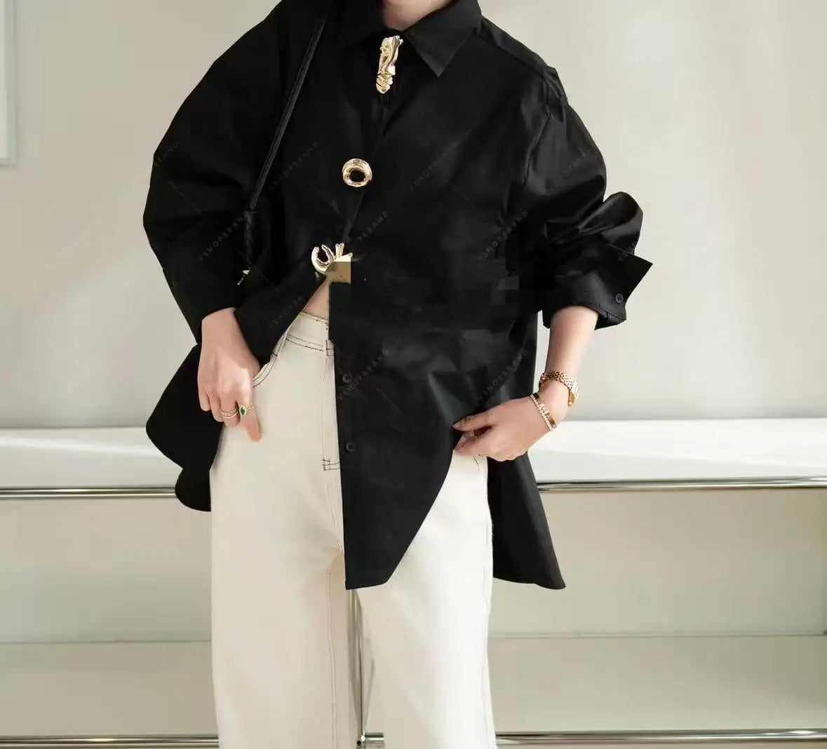 Women's Shirt with Decorative Buttons and Rolled Sleeves