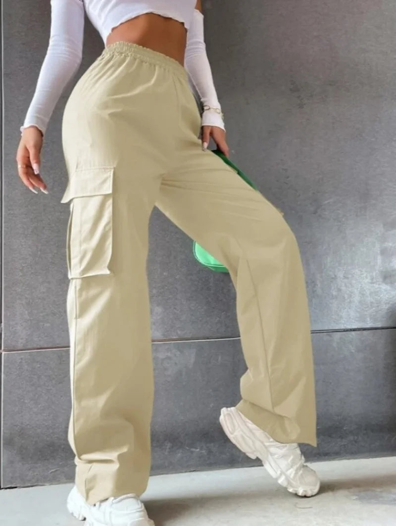 Women's Wide Leg Cargo Pants with Elastic Waist and Large Pockets