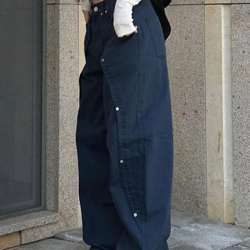Women's Grommet Waist Black Wide Leg Denim Jeans