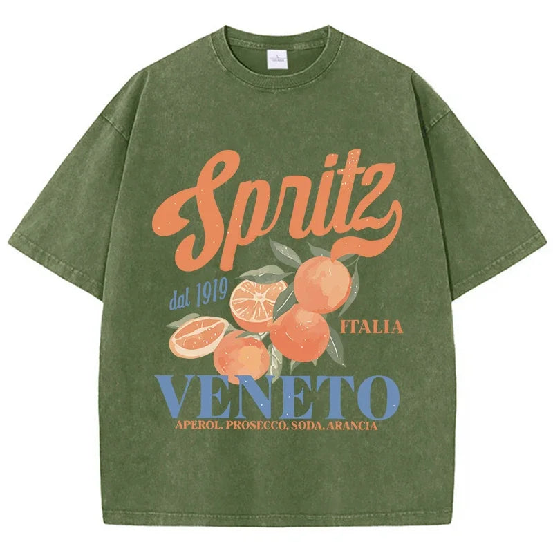 Orange Fruit Printed Washed T-shirt for Men Cotton T-shirt with Holes Round Neck Comfortable Top for Summer Men's Wear