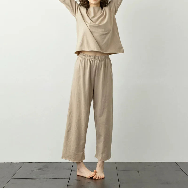Women's Cotton Pajama Set with Long-Sleeve Round-Neck Top and Full-Length Matching Pants