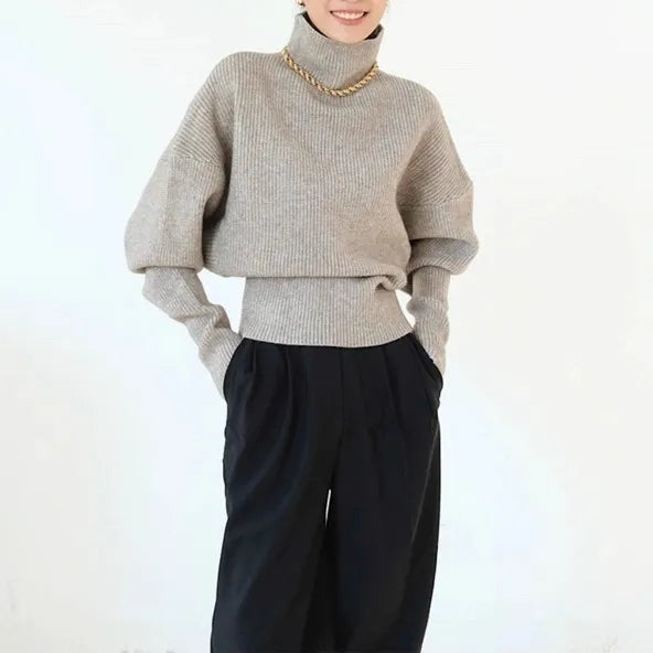 French retro high-neck pullover pure wool sweater women's short knitted base sweater waist-cinching and versatile top