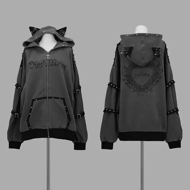 Gothic Graphic Long Sleeve Full Zip Casual Hoodie