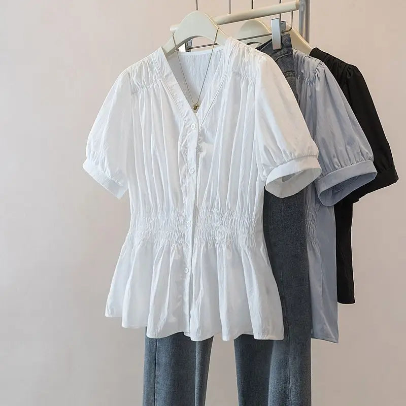 Women's Smocked Waist V Neck Button Front Blouse